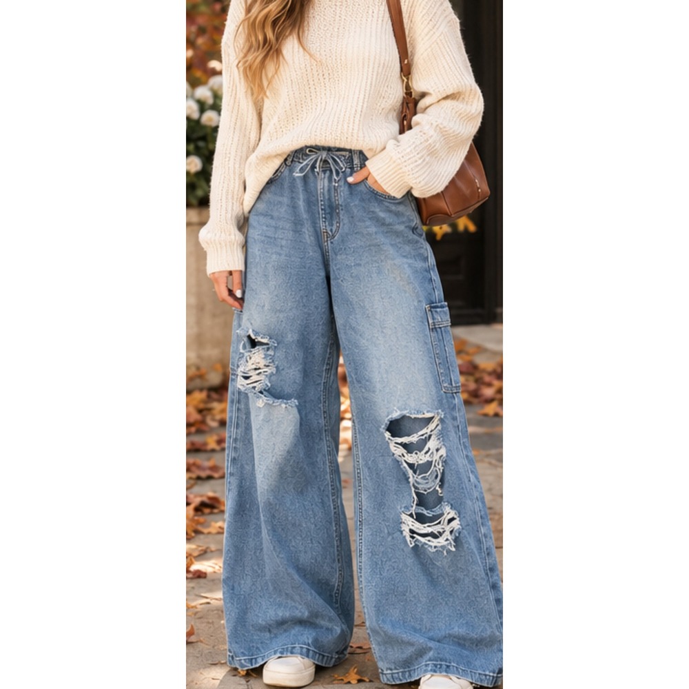 Almost Famous Womens Plus 1X Wide Leg Distressed Jeans Light Wash Drawstring